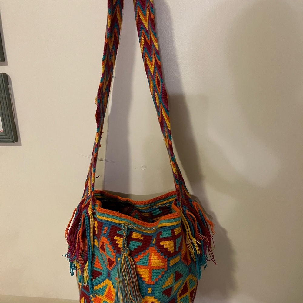 Geometric Patterned Shoulder Bag - Black, Orange,… - image 3